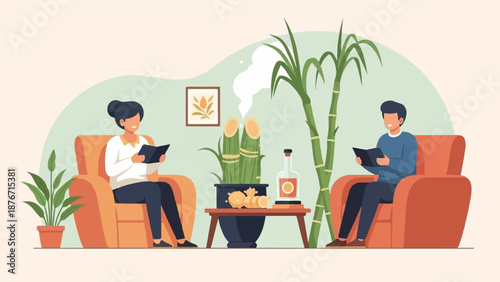 Two people relax in armchairs reading books near sugarcane plants and a bottle on a table