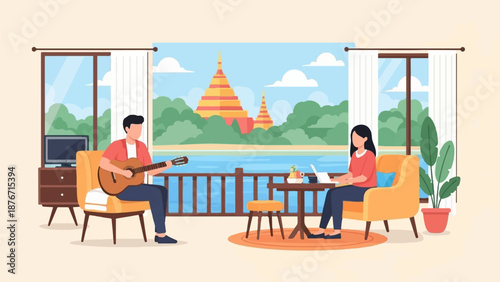 Two people enjoy leisure at home with a scenic view of temples by the water
