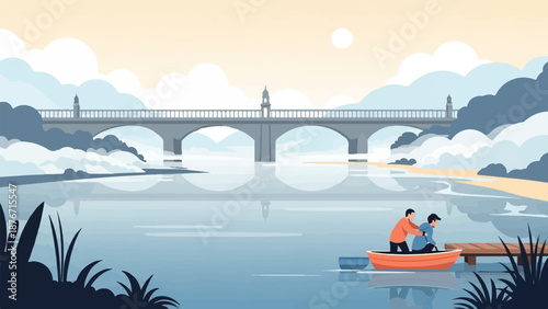 Two people in a boat glide on tranquil water beneath a grand arched bridge