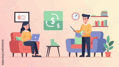 Two people in a living room discussing finances, with icons representing money exchange and stacks of cash