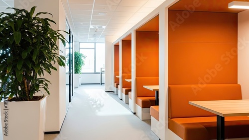 Modern Office Interior with Orange Booth Seating and Green Plant.