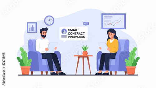 Two people in armchairs discuss smart contracts and innovation near a table