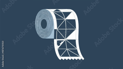 Stylized roll of perforated paper with geometric grid pattern unfurling