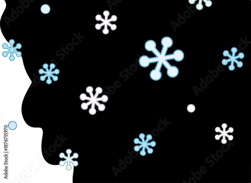 Stylized snowflakes falling against a dark background, some with a white border