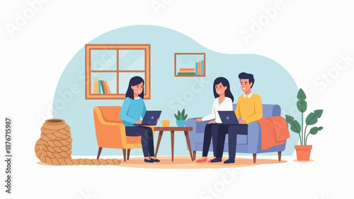 Three people are working on laptops in a cozy living room with a large rope on the floor