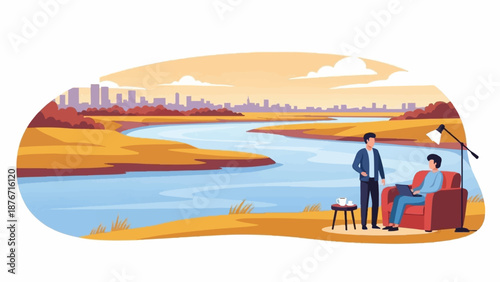 Two men converse in a cozy setting by a winding river, with a city skyline in the distance