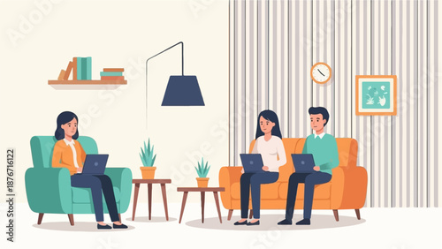 Three people are sitting in comfortable chairs and couches, working on laptops in a cozy, modern living room