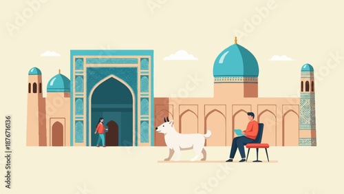 Stylized, pixelated scene of a white dog and a man reading near ancient, colorful buildings