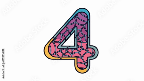 Stylized number four with a spiderweb fill and colorful outline