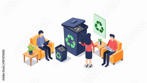 Three people and recycling bins with green recycle symbols