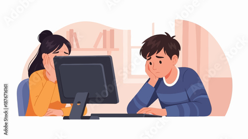 Two individuals, appearing bored and tired, stare blankly at a computer screen, their faces resting on their hands