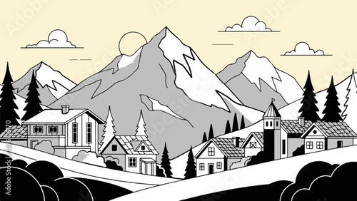 Stylized mountainous village with snow-capped peaks, evergreens, and houses