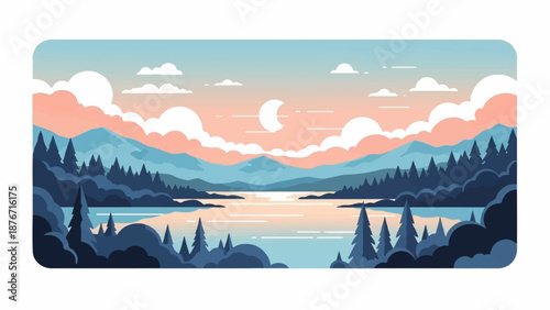 Stylized pixel art landscape with gentle mountains, a serene lake, and a pastel sky with clouds and moon