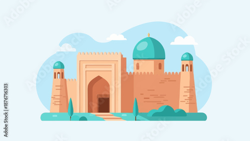 Stylized illustration of an ancient fortress with turquoise domes and entry arch