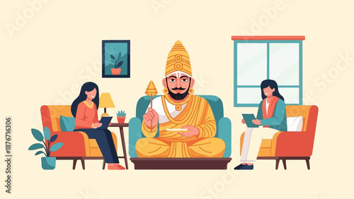 Two individuals engage with a central figure in a seated, ornate costume