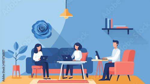 Three individuals work on laptops in a cozy, modern living room setting, with a plant and rose art