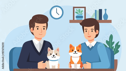 Two men sit smiling, each holding a small dog in a room with a clock and shelf