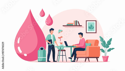 Two men work in a home office setting, near large pink liquid drops
