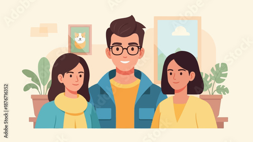 Three happy people smiling at the camera in a room