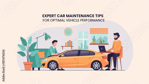 Two men work on car maintenance and performance tips in a modern office setting