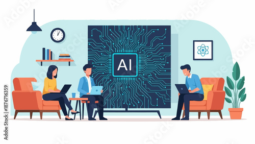 Three individuals collaborate in a room featuring a large AI chip graphic on a screen