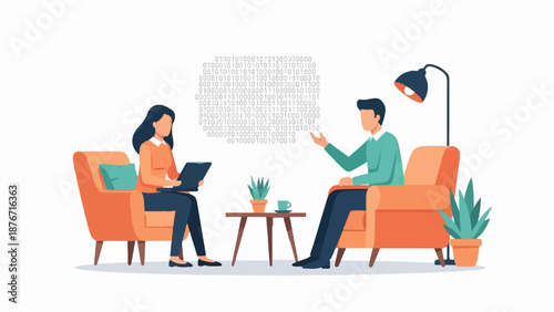 Two individuals in a casual setting discuss data displayed as binary code