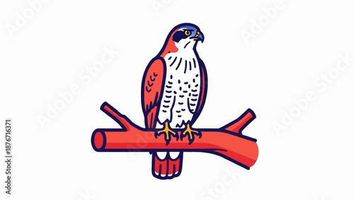 Stylized illustration of a raptor perched on a red branch