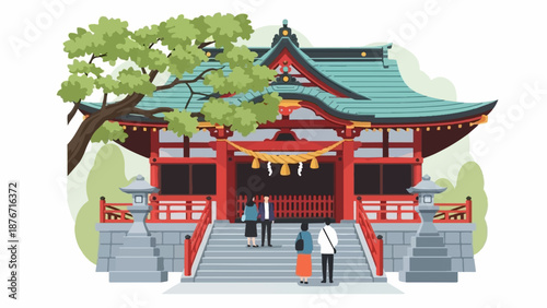 Stylized illustration of a red and teal Japanese shrine with a tree and visitors