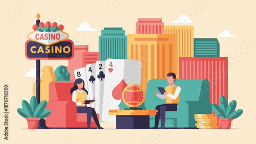Stylized illustration of a casino setting with people playing cards and looking at tablets