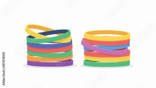 Two colorful stacks of rubber bands, one on the left and one on the right, against a white background