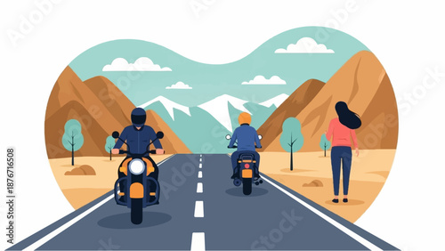 Three figures journey on motorcycles along a road towards mountains under a cloudy sky