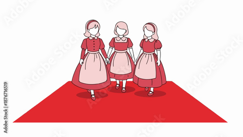 Three faceless figures in matching red dresses and aprons stand on a red carpet