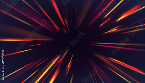 Radial red and orange starburst with glowing circular stripes and zoom motion. Futuristic light explosion vector for tech design, digital interface, sci-fi wallpaper and abstract speed background