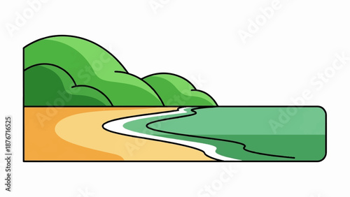 Stylized green hills meet a sandy shore and turquoise water, forming a picturesque coastline