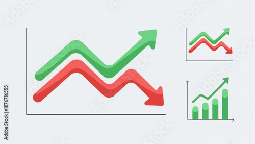 Stylized graphs show trends with green up and red down arrows and bars