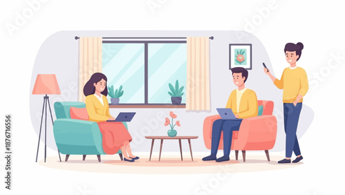 Three people working remotely in a living room, laptops and phone visible