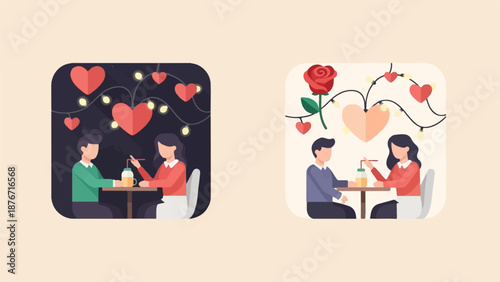Two couple's romantic date night under heart lights and a single rose