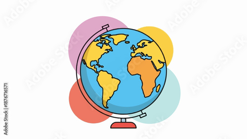 Stylized globe on a stand with colorful abstract circles behind it