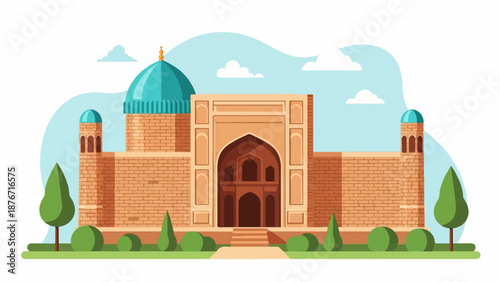 Stylized flat illustration of an ancient brick building with turquoise domes, minarets, and arched entrance