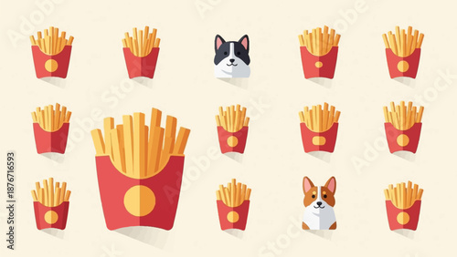 Stylized French fries in red containers and cartoon dogs on a pale yellow background