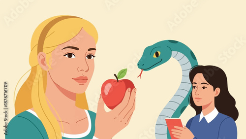 Temptation A blonde woman holds a red apple, a snake looms, and a brunette studies a book