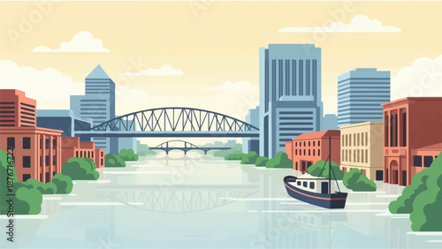 Stylized cityscape with a river, bridges, buildings, and a boat