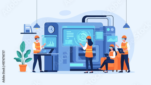 Team collaborates in a futuristic control room with advanced technology