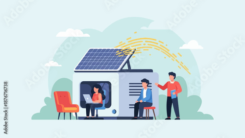 Team collaborating on a solar-powered energy solution with a sleek, modern design