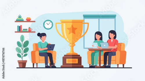 Team celebrates success by working on laptops around a trophy in an office setting