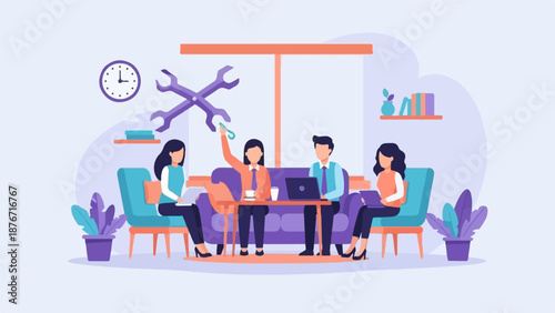 Team brainstorms solutions around a table with tools, a clock, and plants