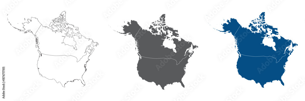 Fototapeta premium USA and Canada Line Map Bundle in White Blue and Grey Color Options. America and Canada map.