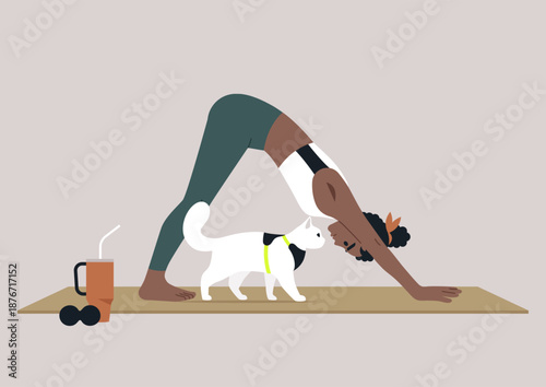 A person is performing an inverted v yoga pose while a curious cat explores nearby, A refreshing drink sits beside them, creating a harmonious fitness atmosphere