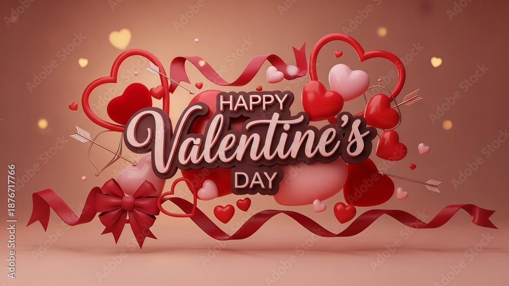 Naklejka premium Happy valentines day greeting with red hearts and ribbons