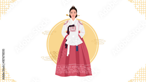 Korean noble woman wearing traditional Joseon era hanbok for cultural events, educational materials and art